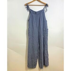 Meo Meli Linen Wide Leg Jumpsuit Tie Shoulder Pockets Cropped Length One Size